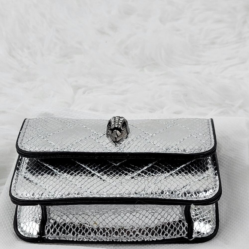 Designer Micro Mini Purse Metallic Sliver Quilt Crossbody 24" Chain Bag Eagle - Picture 6 of 11